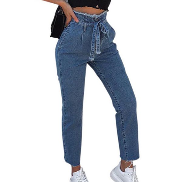 heflashor 2019 new casual high waist stretching jeans for women plus size slim denim skinny pants pockets lace-up belt trousers, Blue